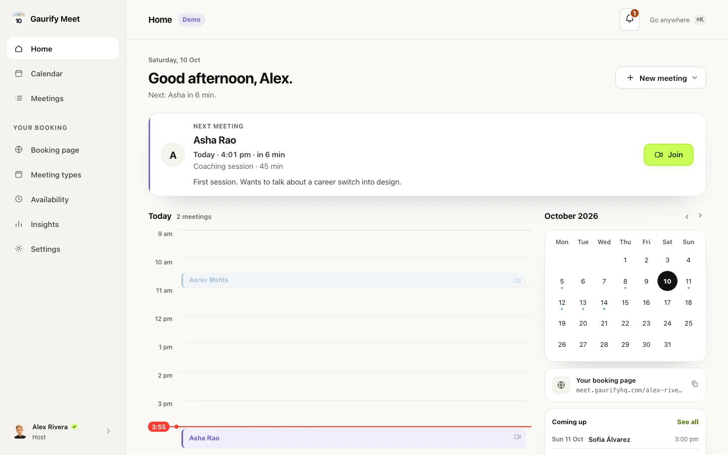 The Gaurify Meet app: today's meetings, the next meeting with a Join button, a month view and what is coming up.